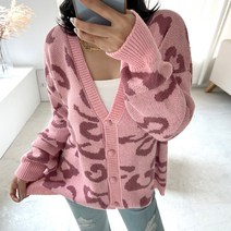네모엔룩 여성용 호피오버핏 여리여리 박시 V넥 앞단추 애니멀패턴 레오파드 니트 가디건 NL