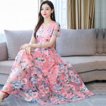 보헤미안 원피스 쉬폰 꽃무늬 핑크 반팔 바캉스 여성 빅사이즈 휴양지 히피룩 휴가 미시룩