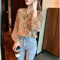 SAMARA 꽃 무늬 레이스 리본 오렌지 쉬폰 셔츠 블라우스