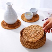 인테리어 라탄 티 코스터 6p + 홀더 세트 가로형, 혼합색상