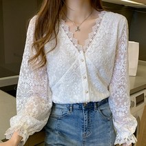 여성스러운 러블리 레이스 브이넥 긴팔 여자블라우스