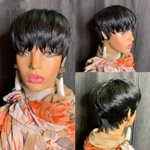 짧은 스트레이트 밥 픽시 컷 non lace front human hair omg wig with bangs for black women 브라질 저렴한 human hair wig, 모델 길이, 150, 자연스러운 색상