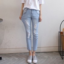 원타임 여성용 워싱 헤짐 슬림 배기핏 캐쥬얼 데님 팬츠