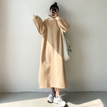 해피유통 여성 빅사이즈 루즈핏 롱기장 무지 후드 원피스