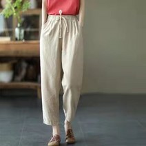 여름 코튼 린넨 바지 여성 솔리드 컬러 캐주얼 발목 길이 바지 여성 레이스 업 허리 느슨한 바지