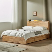 올쏘 모하 고무나무 원목 LED 3단 서랍 침대 프레임 Q, 단품