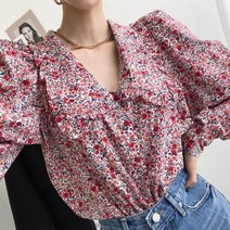2color 잔꽃 들꽃 패턴 봄봄 복고 나비카라 퍼프숄더 루즈핏 빈티지 프릴 면 블라우스