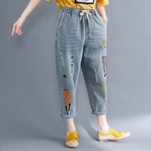 WAWAMOM(특허브랜드) 빅사이즈 여성 똥싼바지 배기팬츠 소녀자수 스크래치 청바지 BYS25