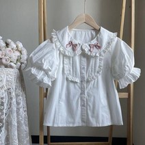 빅카라 블라우스 남행선옷 프릴 빅사이즈 블라우스셔츠 빅 카라 둥근카라 귀여운 일본 카와이 화이트 여성 스위트 보우 코튼 탑 여름 소녀 프레피 스타일 퍼프 반팔 셔츠
