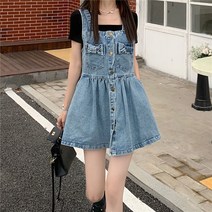 POMTOR 리본 데님 원피스 여 여름 빅사이즈 허리 조임 날씬해 보이는 멜빵 스커트