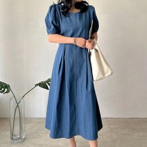네모엔룩 여성용 퍼프데님청 핀턱 맞주름장식 볼륨 퍼프 반소매 캐주얼 A라인 데님 원피스 NL