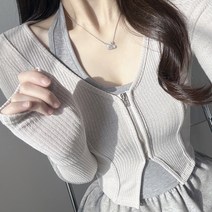 여성 골지 니트 집업 브이넥 슬림핏 투웨이 핀턱 크롭 절개 긴팔 카디건