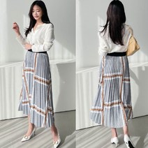 [프롬제니] 명품 스타일 콜링 사각 패턴 프린트 플리츠 밴딩 스커트 A라인 미디 롱 주름 여름 치마 30대 40대 화려한 밴드 플레어 실크 에이라인 새틴