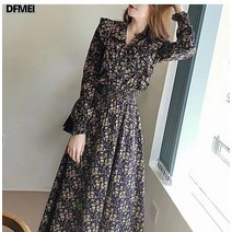 DFMEI 캐주얼 브이넥 스트랩 무릎까지 오는 긴팔 원피스 날씬해 보이고 허리까지 잡아주고