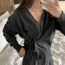 날씬해보이는 랩 니트 가디건 허리 밴딩 긴소매 나들이 가디건 오피스룩