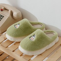 기능성 배게 일자목 코골이 목디스크 경추목 낮은 수면 요추 베개 베게 겨울용 코튼 슬리퍼 두껍고 밑창 남성/여성 실내 바닥 플랫 단색 홈 미끄럼 방지 신발 커플, 02 38-39(fit 37-38), [07] green-rabbit