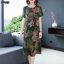 DFMEI 중국식 빈티지 향운사 중년 엄마 실크 미디 원피스 중장년 여성복