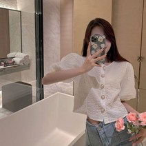 [레티고] 여름 여성 퍼프 소매 크롭 루즈 블라우스