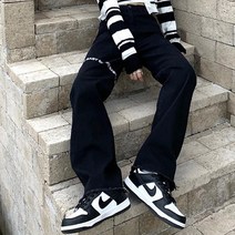 따봉오빠 레터링 세미 와이드 롱 여성 청바지