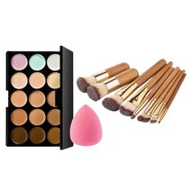 QDY 가부키 파운데이션 컨실러 메이크업 브러쉬 세트가있는 15 가지 색상 컨투어 팔레트, 한 사이즈, 합성 섬유, 2