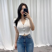 VANANA2 여성용 브이넥 펀칭 크롭 니트 반팔 가디건