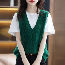 세련된 단색 V 넥 니트 민소매 조끼 스웨터 여성 의류 가을 새로운 느슨한 캐주얼 풀오버 모든 경기 Kore