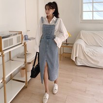 떳다그녀 카튼 멜빵 데님 롱 원피스