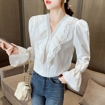 레이스브라우스 만격 기 할인점 상점 전문점 철수함 캐비닛 여성의류 브이넥 궁정풍 셔츠 4811662653, XL, 화이트