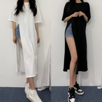 [엘샾] 여성 루즈핏 롱 트임 패치라벨 반팔 티셔츠