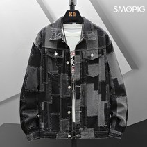 SMOPIG 남성 차이나 루즈핏 패치 데님 자켓 코트
