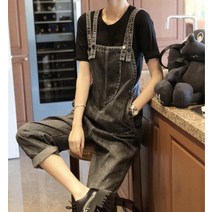 디핏허그 진청 이지 데님 멜빵바지 루즈 임산부복