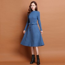 가을 스타일 패션 롱 니트 패치 프린트 스웨터 원피스 여성 터틀넥 A라인 원피스 오피스 여성 빅 사이즈