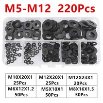 실리콘와셔 고무와셔 고무와샤 고무패킹 220/400Pcs M3 M4 M5 M6 M8 M10 M12 나일론 플라스틱 플랫 와셔 평, 03 220Pcs black M5-M12