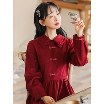 가을 원피스 여성 프렌치 레트로 긴팔 레드 빨간색 색상 드레스 가을 겨울 개화기 의상