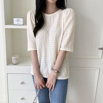 링클 주름 5부소매 라운드넥 여성 여름 블라우스티셔츠