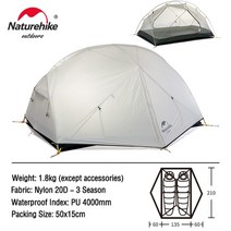 네이처하이크 에어텐트 캠핑 차박 쉘터 naturehike mongar 방수 더블 레이어 야외 그레이 초경량 휴대용 더블 바닥 매트, 20d 그레이