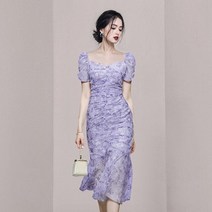 플라워 쉬폰 반팔 외출용 바캉스 원피스 활주로 우아한 여름 꽃 드레스 프랑스 여성 스퀘어 칼라 플로랄 프린트 보라색 퍼프 슬리브 bodycon mermaid midi dress