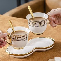 kelake 5P 북유럽 스타일 도자기 커피잔 세트, 기하학 5P(2커피 잔+2숟가락+1밑바닥)