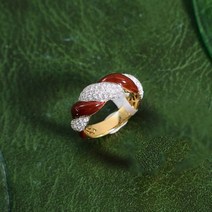 링 여자명품반지 이탈리아 레트로 주얼리 도금 골드 컬러 반지 상감 전체 지르콘 레드 에나멜 트위스트 여성용 연회 액세서리