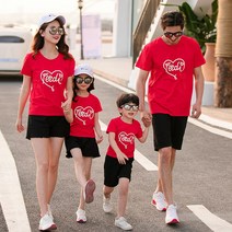 여름패션 유치원 에코 패션쇼 사랑하트 패밀리룩 여름옷 온가족 일가 세식구 네 형 언니 남동생 585140346, 엄마 XL, 레드 색티셔츠 블랙 바지