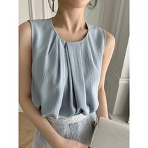 [큰귀멍멍]셔링 라운드 네크라인 쉬폰 나시 민소매 블라우스