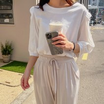 로로텐 7부 프릴소매 라운드 티셔츠 무지 여성 빅사이즈