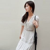 퍼프소매 펀칭레이스 롱 원피스 브이넥 퍼프소매 데이트룩