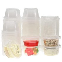 Freshware 뚜껑이 있는 플라스틱 1인분 컵 59ml(2.5온스) 100세트 수플레 컵 젤로 샷 컵 샘플링 소스 스낵 또는 드레싱용 조미료 소스 용기