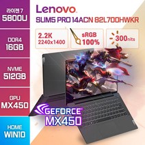 레노버 아이디어패드 Slim5 Pro 14ACN 라이젠7 MX450 온라인수업 주식 게임 고성능 영상편집용 저가 업무용 학생 가성비 노트북, 82L700HWKR, WIN10 Home, 16GB, 512GB, 스톰 그레이
