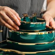 북유럽 에메랄드 그린 골드라인 그릇 접시 딥플레이트 2P 세트, 에메랄드  7.5인치 딥 접시(2개)