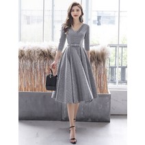 여성 단정한 플레어 정장 원피스 브이넥 허리벨트 결혼식 하객 피로연 2부 대여 아이유 백화점 트위드 긴팔 명품 A라인 신부 예복 부케받는사람