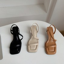 쿠션 스퀘어 사선스트랩 샌들힐 밴딩 미들힐샌들 5cm