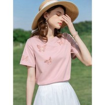 여름 티셔츠 쿨 테크 자수 부드러운 슬림넥 반팔 면
