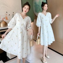 임부복 원피스 아일렛 펀칭 브이넥 콩단추 플라워 코튼 플레어 데이트룩 꽃자수 6부